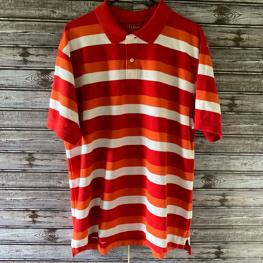 LL Bean Men's Short-Sleeved Polo Shirt Size L Red White Orange Striped
